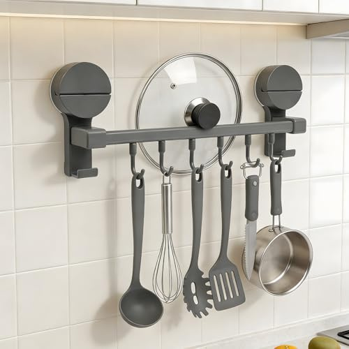 Apradas Kitchen Utensil Rack with Suction Cup, 6 Hooks Kitchen Utensil Holder, 30cm Kitchen Hook Rack, for Kitchen Tools and Utensils (Grey)