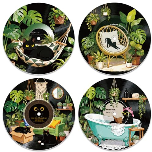 DOODLREAM 4Pcs Black Cat Monstera Vinyl Record Wall Decor 30.5 x 30.5 cm | Hippy Funny Cat Retro Posters for Music Party, Studio, Living Room, Bedroom & DIY Craft Wall Decor