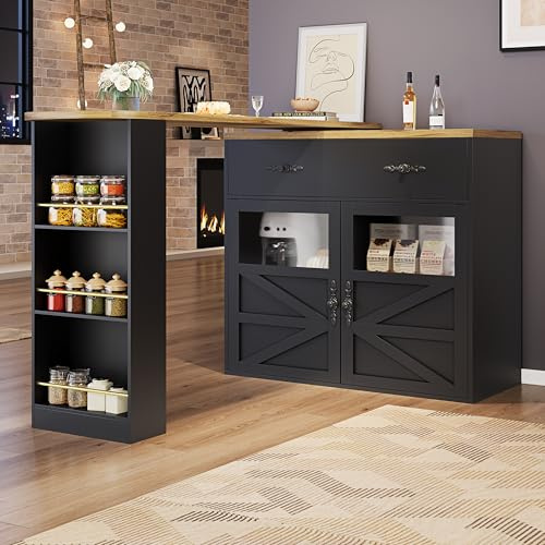 BXEYXE Utdragbart barbord med förvaringsutrymme (138–204 × 39 × 104 cm), 360° vridbar ätbar, modern rörlig bar bord, högbord köksö bistrobord, skänkskåp med hyllor, svart
