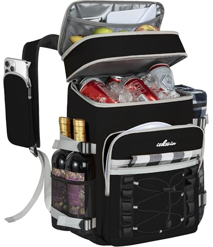 30L 40-Can Cooler Picnic Backpack Cool Bag, Portable Soft Food Cooler Box | Insulated Leakproof Waterproof Cooler Backpack, Picnic Lunch Box for Outdoor Camping Hiking BBQ Beach, Black