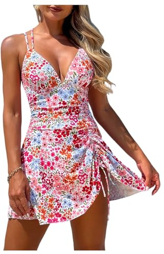 SOLY HUX Women's Boho Floral One Piece Swimsuit Deep V Neck Spaghetti Strap Drawstring Beach Dress Bathing Suit Multicolor Medium