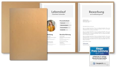 15 Stück 3-teilige Bewerbungsmappen Cognac mit 2 Klemmschienen in feinster Lederstruktur - hochwertige Prägung ''BEWERBUNG'' - direkt vom Hersteller STRATAG