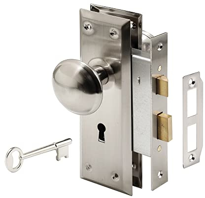 Prime-Line E 2330 Mortise Keyed Lock Set with Satin Nickel Knob – Perfect for Replacing Broken Antique Lock Sets and More, Fits 1-3/8 In.-1-3/4 In. Interior Doors, Satin Nickel (Single Pack)