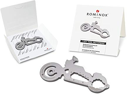 Presentartiklar: ROMINOX Key Tool Motorcykel, 21 funktioner, Keytool nyckelring motorcykel, cykel, rostfritt stål multiverktyg, funktionsbeskrivning, multifunktionsverktyg, kundvagnslösare