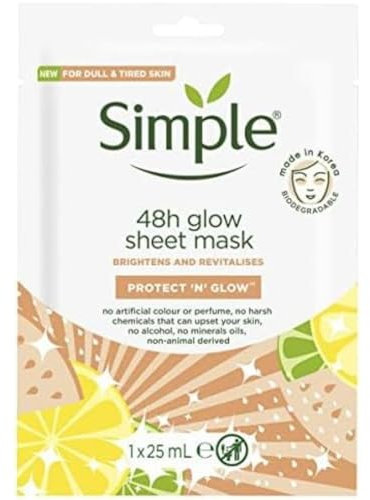 Simple Protect 'N' Glow 48h Glow, routine coreana di cura della pelle per pelli sensibili, illumina e rivitalizza la pelle opaca e stanca. 1 maschera, la confezione può variare