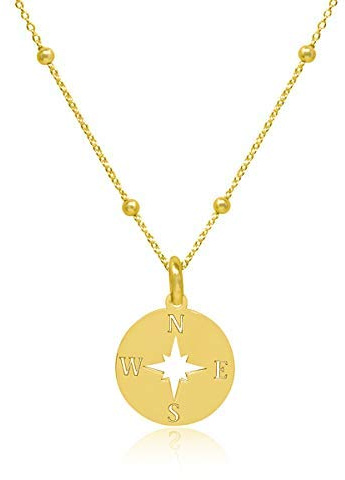WANDA PLATA Kompass Kette Anhänger für Junges Mädchen Damen, Echt 925 Silber Vergoldet Modeschmuck, Kompass Halskette 40 cm Längue
