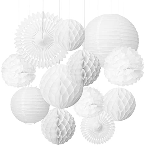 LIHAO 12x Lampions Pom Poms Wabenbälle Fächer Dekoration Set Weiß für Hochzeit Feier Geburtstag Party Einschulungsparty Mottoparty Baby-Shower-Party (MEHRWEG)