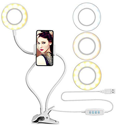 10 LED Ring Light, Phone Holder Stand, Dimmable 3 Modes 9 Brightness Selfie Makeup Light for YouTube Video Live Stream Vlog Photography Compatible with IPhone Android (white)