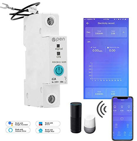 Ewelink App 1P 63A Rail DIN WiFi Energy Meter Intelligent Power Consumption kWh Circuit Breaker Switch