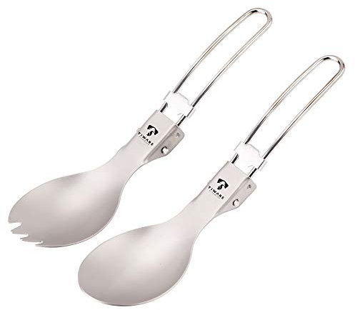2 pcs lot Titanium Camping Utensils Spoon Spork Foldable Flatware Tableware set Ultra-Light Weight Durable Cutlery Set w. Carrying bag Reusable Long Lasting Eco-friendly for hiking camping scouting