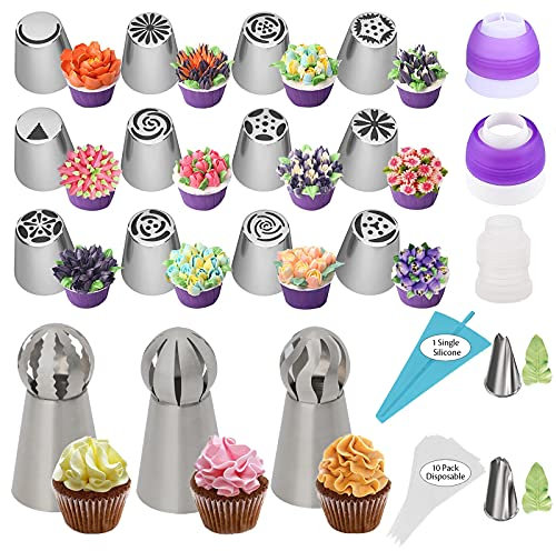 Lyneun Beccucci Sac a Poche, Kit Pasticceria Professionali, Sacapoche per Dolci, Incluso 31 ugelli per Decorare Torte Russe, con Silicone Riutilizzabili Sacchetti, 17 Ugelli, 3 Adattatori