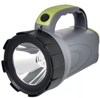 EMOS - aufladbarer LED-Handscheinwerfer - 300lm, max. 370m - 2 Leuchtmodi - 30 Std. - mit rutschfestem Handgriff und Tragegurt - mit Ladekabel/Autoadapter - für Außenbereich - grau-schwarz-grün