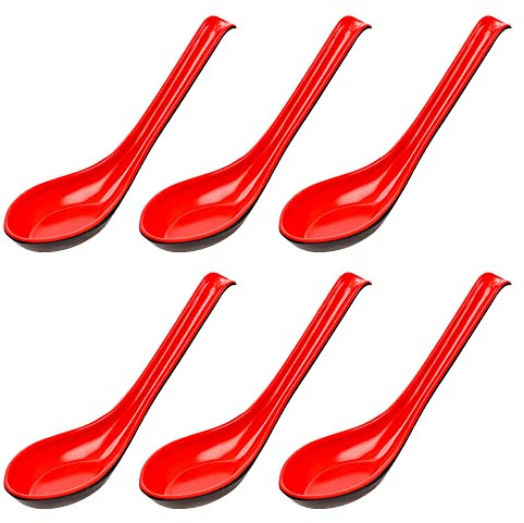 Reislöffel, Ramen, Nudeln, Suppenkelle, rote Suppenlöffel, Servierlöffel, chinesische Won Tonne, Suppenlöffel, asiatischer Stil, Suppenlöffel, rot und schwarz, 6 Packungen