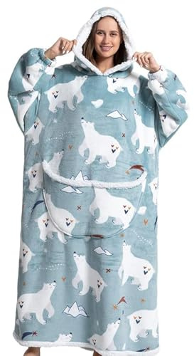 Queenshin Eisbär Hoodie Decke Oversize Langes Dicke mit Ärmeln Kuscheldecke Deckenpullover für Damen Herren, Tragbare Decke zum Anziehen Erwachsene, Übergroßer Hoodie Sweatshirt Sherpa Warm und Weich