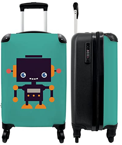 NoBoringSuitcases© maleta infantil niño, maleta cabina niño, maleta pequeña | 55x35x20 cm - Se ajusta al tamaño de la maleta de cabina 55x40x20 - Robot - Verde - Antena - Naranja - Niños