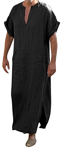 Leinenhemd Herren Extra Lang Hemd V-Ausschnitt Kaftan Seite Split Kurzarm Robe Baumwolle Thobe Herren Lang Hemd Herren Lang Regular Fit