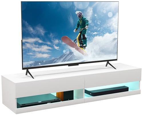 HOMCOM Meuble TV Banc TV Mural Suspendu LED contrôle Via Application, Style Contemporain - placards avec 2 Portes battantes et 2 Passe-câbles - en Bois dim. 150L x 40l x 30H cm Blanc laqué