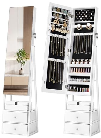 Nicetree Jewelry Cabinet Armoire with 2 Drawers, Lockable Standing Mirror Jewelry Cabinet, Full Length Mirror with Jewelry Storage, Gift Idea, White