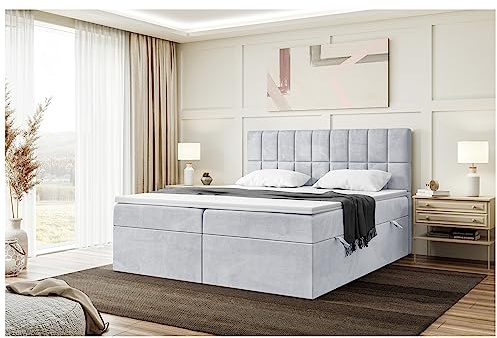 MEBLINI Boxspringbett mit Bettkasten - 140x200 - Gepolstert Doppelbett mit Matratze und Topper - Polsterbett mit Stauraum - Bett mit Kopfteil - Stauraumbett - Lukas - H3/Hellgrau Samt
