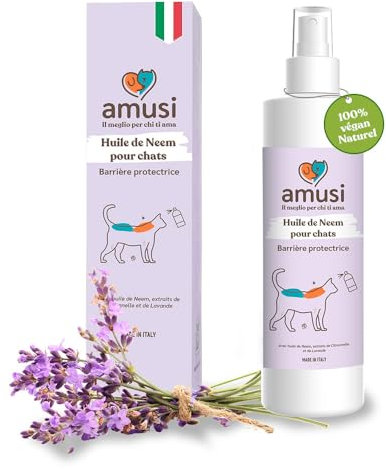 amusi Huile de Neem pour Chats - Spray Chat 100% Naturel et Vegan, Anti Insectes et Anti Puces - Contre Tiques Puces Moustiques Mouches Acariens Poux | 100 ML