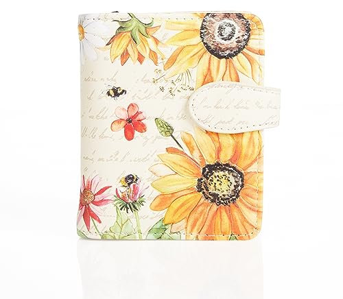 Shag Wear Damen Geldbeutel Mädchen Geldbörse Klein Kurzformat Frauen Portemonnaie PU Leder - 7 Kartenfächer mit Münzfach und RFID-Schutz mit stilvollen Fantasie Designs - Sonnenblume