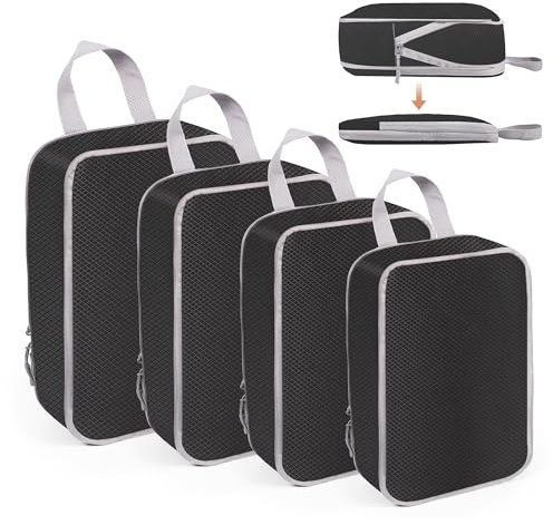 WUFANC Koffer Organizer Set 4-teilig, Packing Cubes Compression, Wasserdichte Packwürfel mit Doppelreißverschluss, Travel Essentials für Handgepäck Koffer Und Rucksack