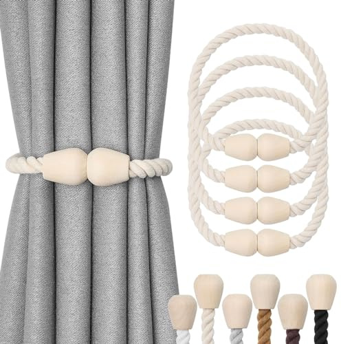 Pretty Jolly Fallen Lassen magnetische Vorhang-Raffhalter aus Holz, Boho-Dekoration, Raffhalter, natürliche Baumwolle, handgewebt, für Fenstervorhänge für Zuhause und Büro, Beige, 4 Stück