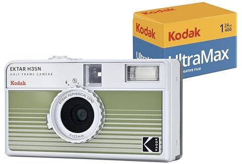 KODAK EKTAR H35N - Set di fotocamere a pellicola mezza cornice con pellicola Kodak Ultramax 400/24EXP da 35 mm (strisce verdi, pacchetto)