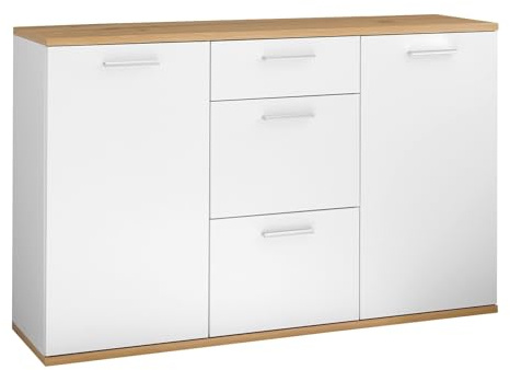 Stella Trading Kommode BC 1035 in weiß matt, Absetzung Eiche Artisan- Moderne Kommode mit Schubladen und viel Stauraum - 135 x 86 x 38 cm (B/H/T)