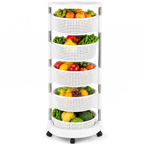 BAKAJI Carro de Cocina frutero con cestas abatibles, Carro portaobjetos Ahorra Espacio con 4 Ruedas giratorias, Estructura de Acero y cestas de plástico, Ideal para Cocina, baño, (5 estantes)