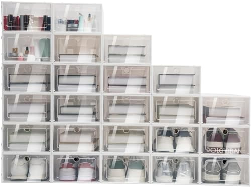 HuKaiL 24er Pack Schuhboxen Stapelbar Transparent, Schuhorganizer mit Deckel, PP ABS Schuhaufbewahrung Schuhkarton für Stöckelschuhe Stiefeletten Pumps High Tops, bis Größe 52