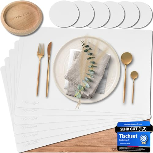 Mahewa® 6er Set Premium Tischset aus Kunstleder - Platzset abwaschbar und wasserdicht - Platzdeckchen Telleruntersetzer in Lederoptik (Weiß, Eckig mit Halter)
