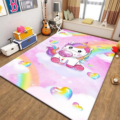 Kinderteppich Einhorn-Tier-Pferd-Cartoon - Kurzflor Teppich Kinderzimmer Spielteppich Antiallergen Und Extra Weich - Babyzimmer Teppiche Für Junge Und Mädchen Babyteppich 160 X 200 Cm / 62.99 X -4F5O