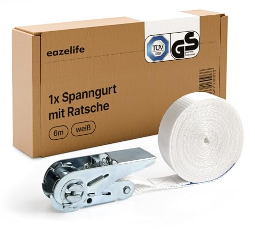 Waschmaschinenspanngurt 6m 25mm | TÜV & GS zertifiziert | zum Sichern von Trockner & Waschmaschine | Spanngurt mit Ratsche | Zurrgurt | 800 daN | weiß