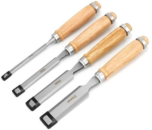 QWOR 4tlg. Stechbeitel Set für Holz - Scharfes Stecheisen Set 6, 12, 19, 24mm - mit Ergonomischem Griff und Schlagkappe