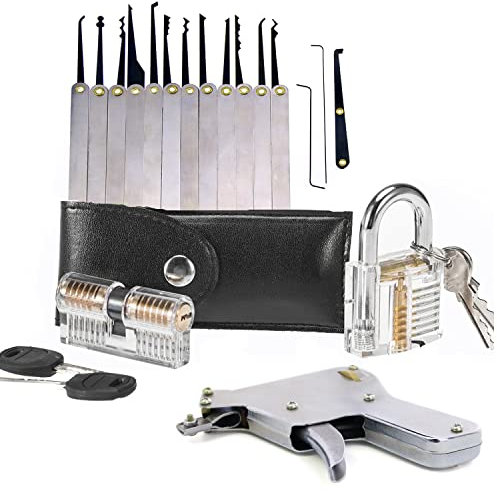 Lot de 2 serrures transparentes avec 15 crochets de crochetage, 1 outil d'ouverture de serrurier, kit d'entraînement pour serrurier débutant (argenté)