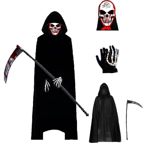 Atsmoce® Disfraz de Parca para Adultos y Niños, Traje de Muerte Con Máscara de Calavera, Guadaña y Guantes para Halloween, Carnavales y Cosplay, Unisex