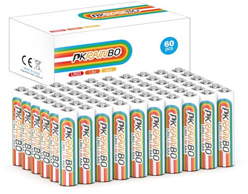 PKRAINBO Triple A Batteries 60 Pack - 1.5V Alkaline Battery AAA Pack, 10-Year Shelf Life, for Game Consoles, Remote Controls, Remote Control Cars, Headlamps, Toys & More