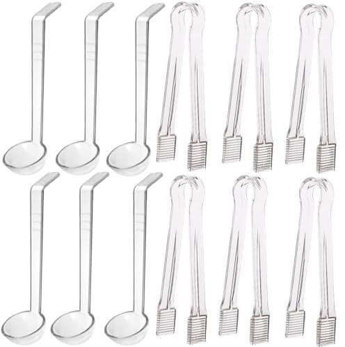 12 pieces 1 oz ladle Set Including 6 Pcs clear small gravy ladle and 6 Pcs Clear Plastic Tongs for Cocktail Whiskey Tea Party Candy Dessert Buffet