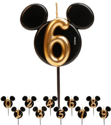 dekora - Micky Maus Geburtstagskerze aus Duftfreiem Paraffinwachs - Disney Zahlenkerzen mit Schwarzen und Goldenen Mickey Mouse Ohren - Größe 8,5 cm - Zahlenkerze Nummer 6