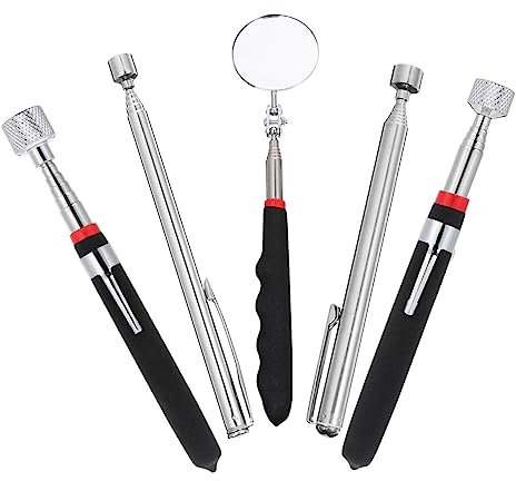 OSALADI 5-pcs Magnetic Telescoping Magnet Stick and Swivel Inspection Mirror Set with Led Light, Portable Vehicle Underbody Inspection and Magnetic Pickup Tools for Repair and Maintenance