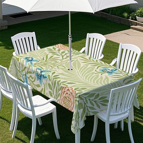 Highdi Tovaglia Rettangolare con Foro per Ombrellone, Tovaglia per Giardino Antimacchia con Cerniera Tovaglia da Esterno Impermeabile per Feste e Barbecue (Primavera 10,305x152cm)