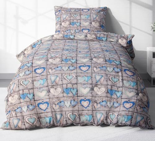 2 tlg. Seersucker Bettwäsche 135x200cm + 80x80cm Landhaus Blau (EW-358/2) | Love Liebe Herzen, blau und grau - Bettgarnitur aus 100% Baumwolle, bügelfrei, Reißverschluss