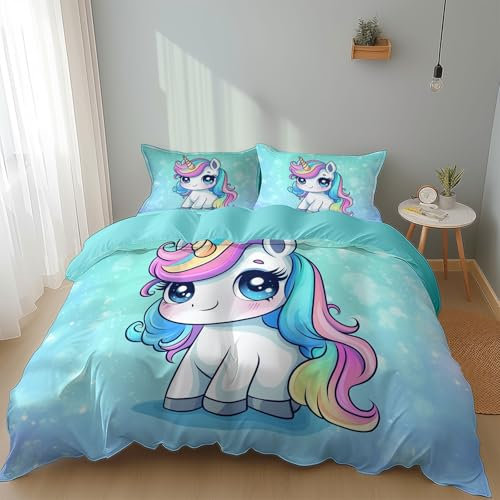 Bettwäsche Regenbogen Einhorn, Mikrofaser Polyesterfaser Blau Bettbezüge 180 x 200 cm mit Reißverschluss - Schlafzimmer Dekor für Kinder Jungen Mädchen Erwachsene