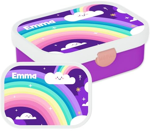 Mepal – Boîte à déjeuner personnalisée avec prénom pour enfant (Arc-en-ciel, motif Arc-en-ciel violet) – avec compartiment bento et fourchette – sans BPA, passe au lave-vaisselle