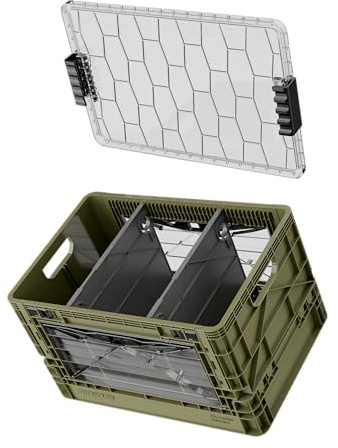 SIDIO Full-Size Collapsible Crate - Heavy Duty Stackable Storage Bin with Lid & 2 Short-Ways Dividers, Durable Plastic Organizer for Home, Office, Garage & Outdoor Use (Green)