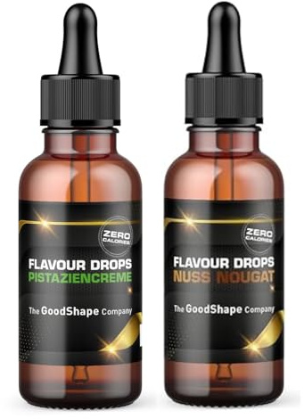 Flavour Drops - Lote de 2 frascos de 50 ml de crema de pistacho y turrón de nueces sin azúcar Gotas aromatizadas sin calorías para endulzar con pipeta - Vegano - Para yogur natural, gachas o