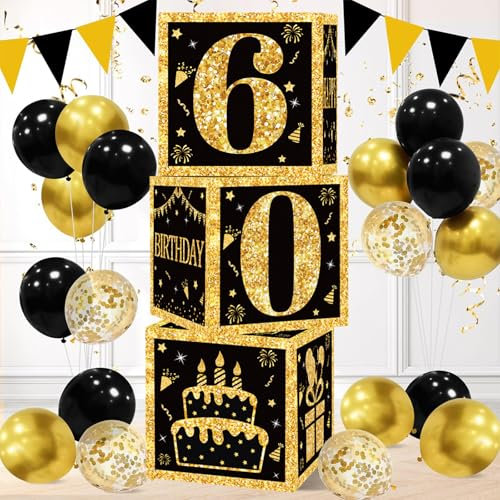 Decoraciones para 60º Cumpleaños, 3pcs Caja de cumpleaños Oro Negro, Caja para globos regalos jovenes 60 años, Cumpleanos Decoración de Negros Dorados para Hombres y mujeres Decoracion 60th fiesta
