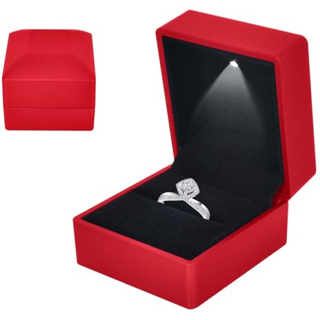 Colexy Ring Box mit LED-Licht, LED-Ringbox Beleuchtete, Samt Schmuck Geschenkbox mit LEDs-Innenbeleuchtung, Schmuck Präsentationsbox, für Verlobung Heiratsantrag Hochzeit, 5.8 * 6.3 * 5cm, Rot