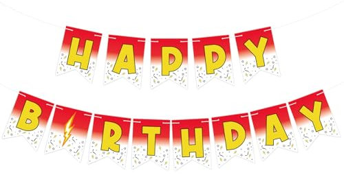 SAVITA Anime Birthday Banner, Pre-Strung Red White and Yellow Cartoon Birthday Party Banner for Anime Theme Party Decorations No Assembly Required